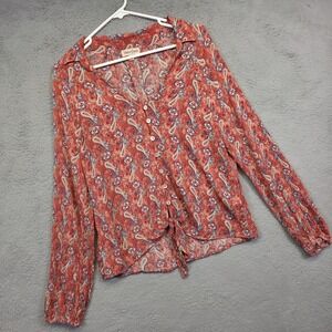 Bloomfield Top Womens L Orange Paisley Boho Peasant Cottagecore Textured Floral